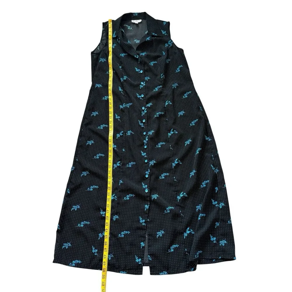Studio I Shirt Dress Womens 12W Black Blue Floral Polka Dot Sleeveless Cottage